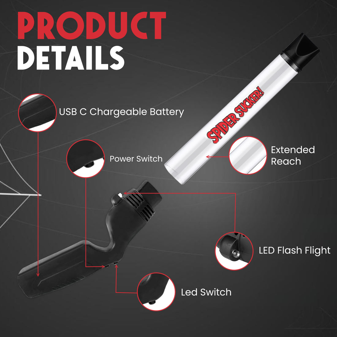 Aspiradora de insectos con súper potencia y succión de arañas, con batería recargable USB C 